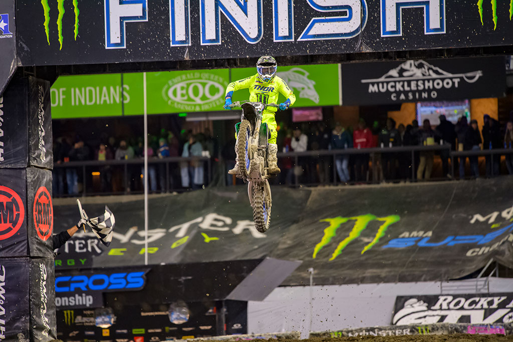 Monster Energy Yamaha Star Racing’s Cooper Webb showed grit and determination to claim his third 450SX win of the season in an epic battle at Lumen Field